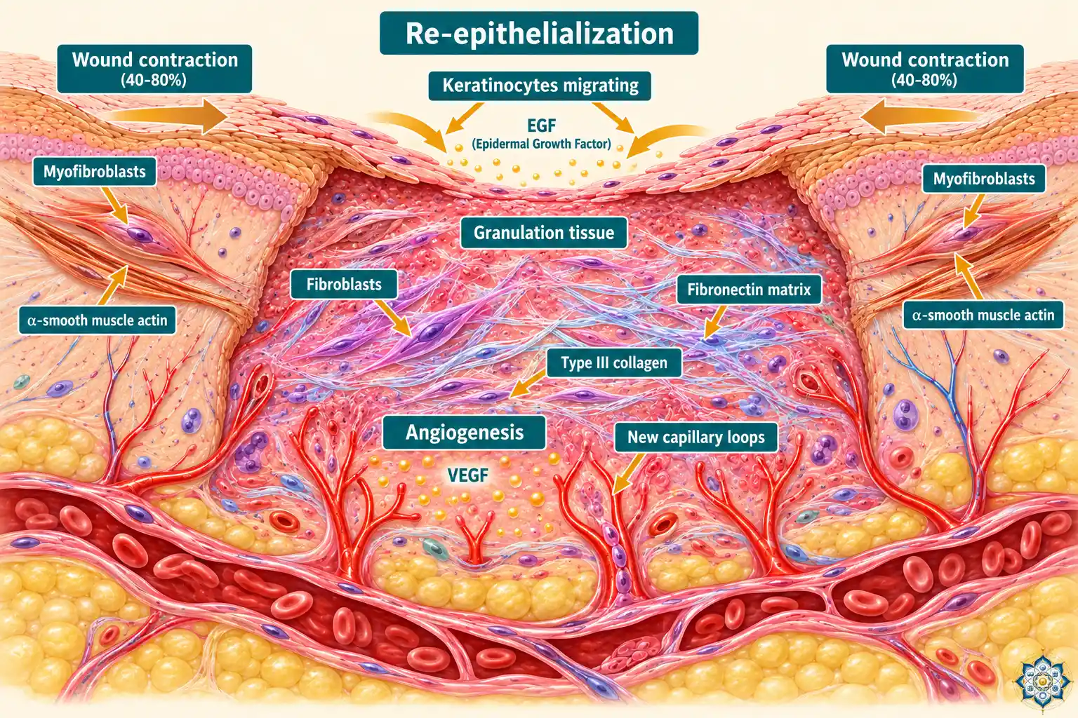 Scientific diagram of the proliferation phase showing fibroblasts producing collagen, new blood vessels forming through angiogenesis, keratinocytes migrating across wound surface, and myofibroblasts contracting wound edges, with labeled arrows