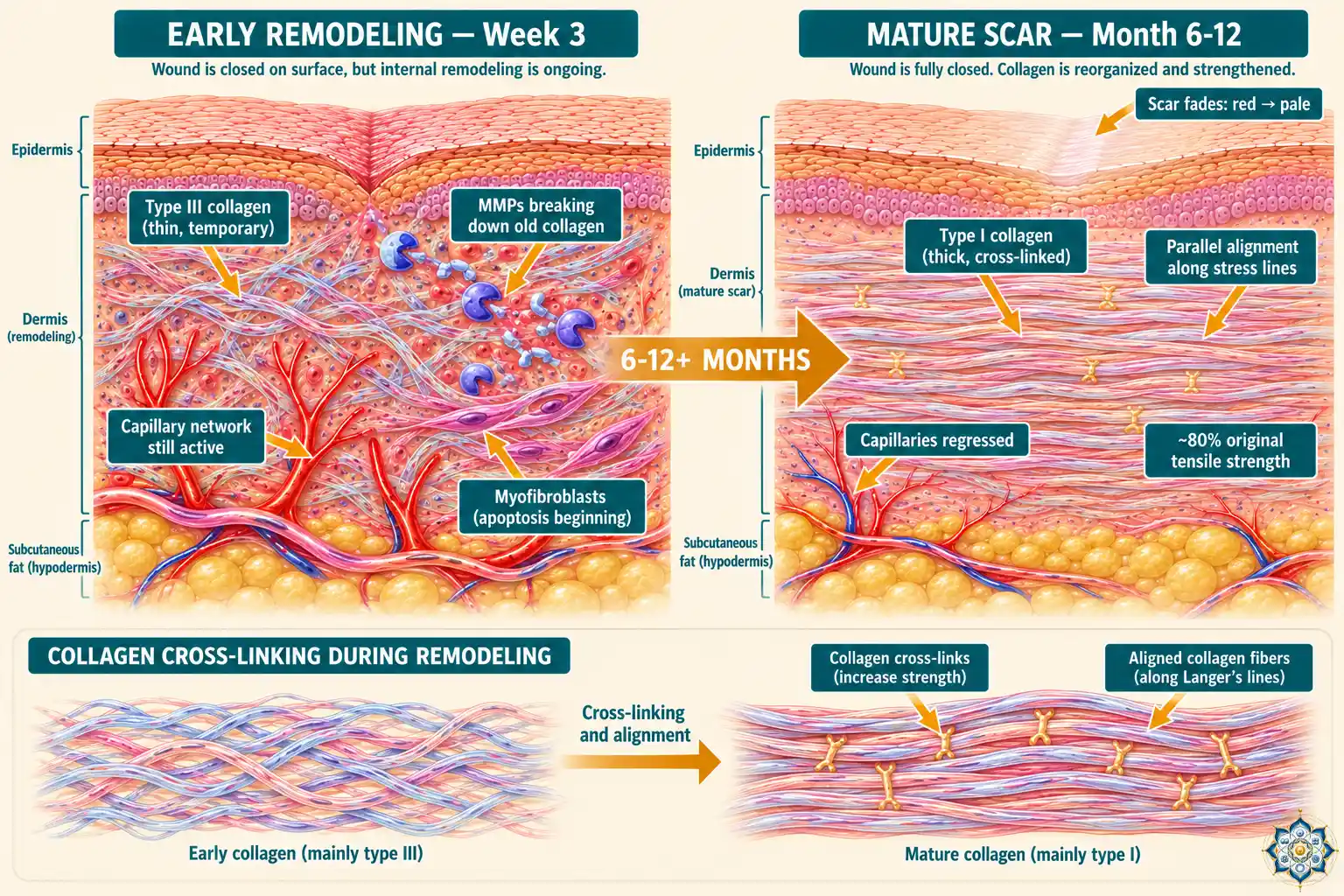 Comparison diagram showing disorganized type III collagen in early scar tissue versus aligned type I collagen in mature scar, with labeled arrows showing MMP enzymes breaking down old collagen and fibroblasts depositing new collagen along stress lines