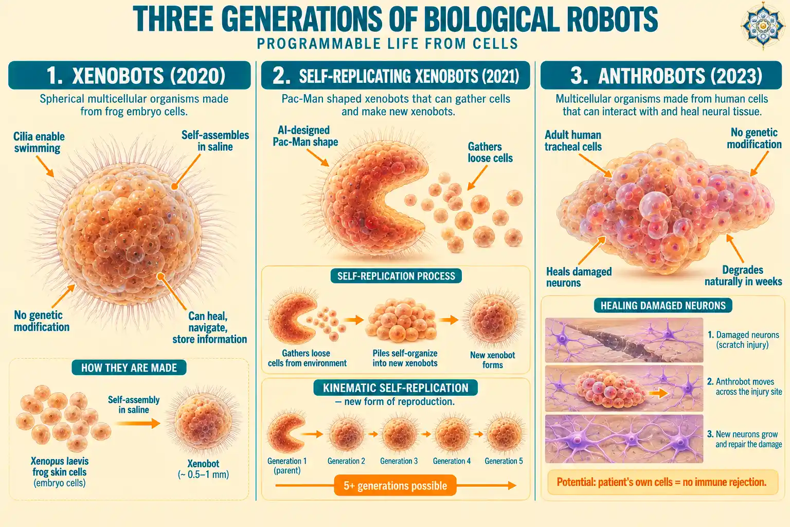 Diagram comparing original xenobots made from frog Xenopus laevis embryo skin cells to Pac-Man shaped self-replicating xenobots designed by AI, and anthrobots made from adult human tracheal cells with cilia and healing properties